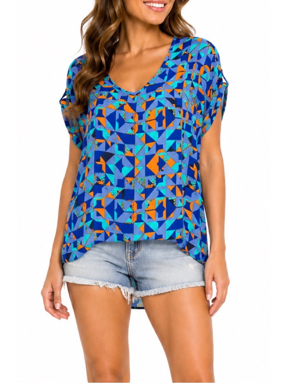 Cato brand size small blue and orange short sleeve blouse